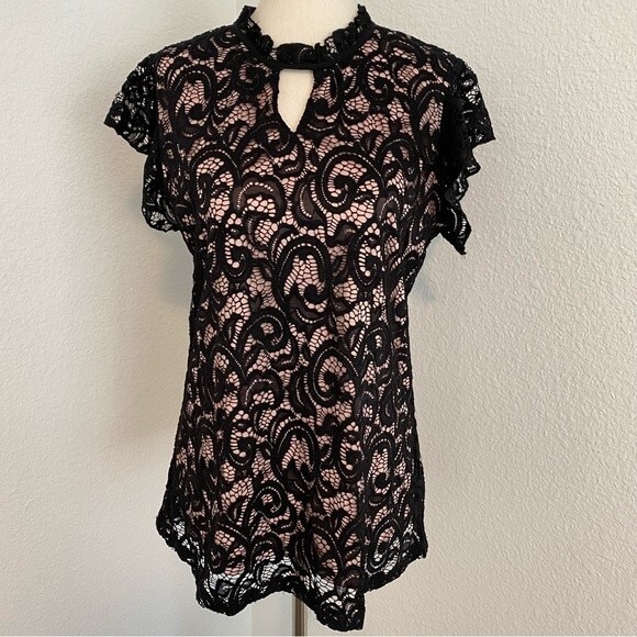 Perseption Lace Black Pink Short Sleeve Sexy Dressy V Neck Cut Out Top Size M - Picture 1 of 8